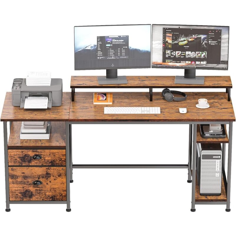 Mesa do computador com prateleiras e gavetas, mesa de escritório com grande suporte de exibição, arquivos de tecido, Home Office Study Desk