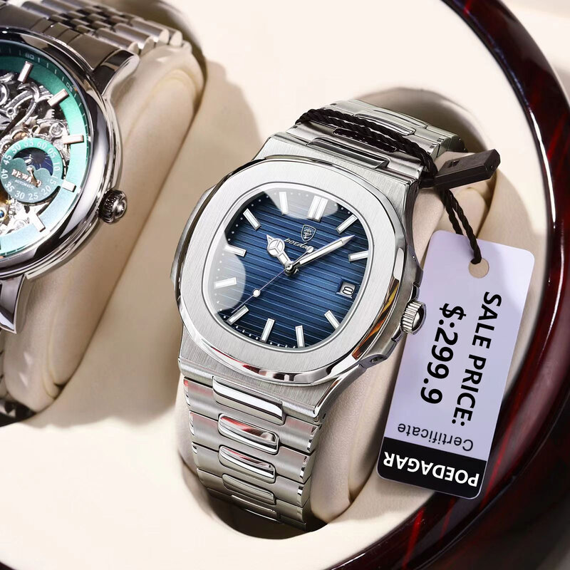 POEDAGAR 럭셔리 시계 비즈니스 방수 남성 시계, 발광 날짜 스테인레스 스틸 사각 쿼츠 시계, 2023 년 신제품