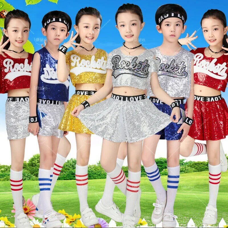 5Pcs Kids Girls Boys Sequin Uniforms Outfit Cheerleader Clothing Crop Top & Skirt/ Shorts Set Street Dance Jazz Costumes