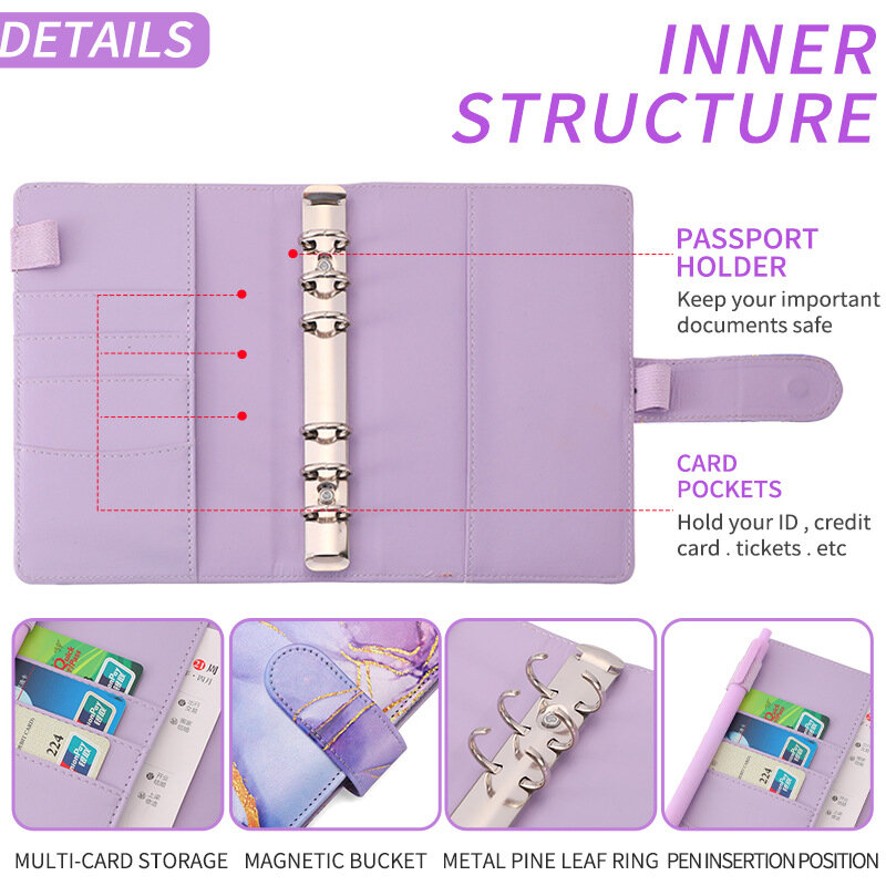 Colorful A6 PU Binder Budget Planner Notebook Covers Folder 6 Hole Binder Pockets Plastic Binder Zipper Money Saving Envelope