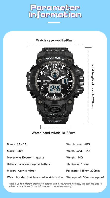 SANDA 3306 청년 스포츠 트렌드 한국 전기 시계, 창의적인 개성 손목 시계 2024