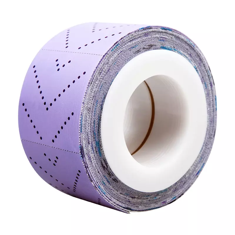 Rollo de papel de lija de alta calidad, rollo de tira de empuje púrpura, poroso, espalda, terciopelo, autoadhesivo, máquina de molienda, tablero de mano, 12M de largo