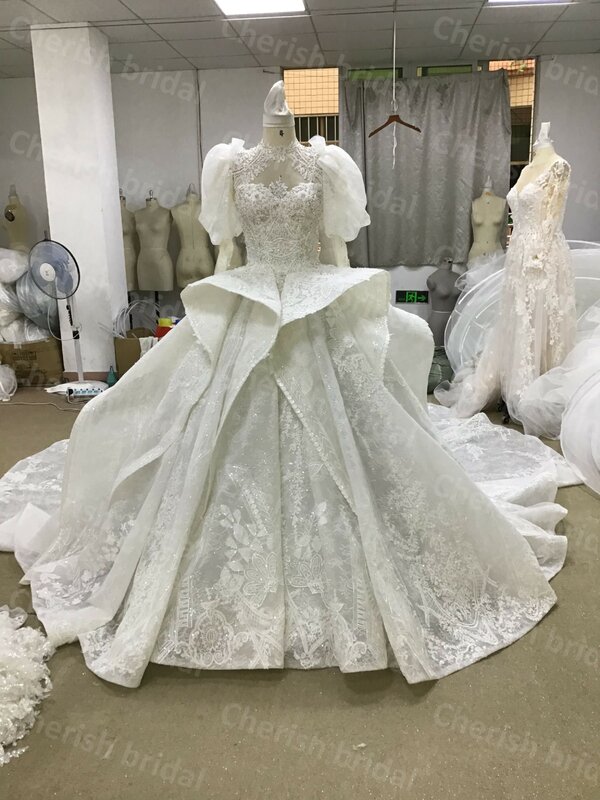 C5099B Puff Sleeve Ball Gown Wedding Dress, Short Sleeve Lace Applique and Beading Ball Gown Princess Bride Dress Women