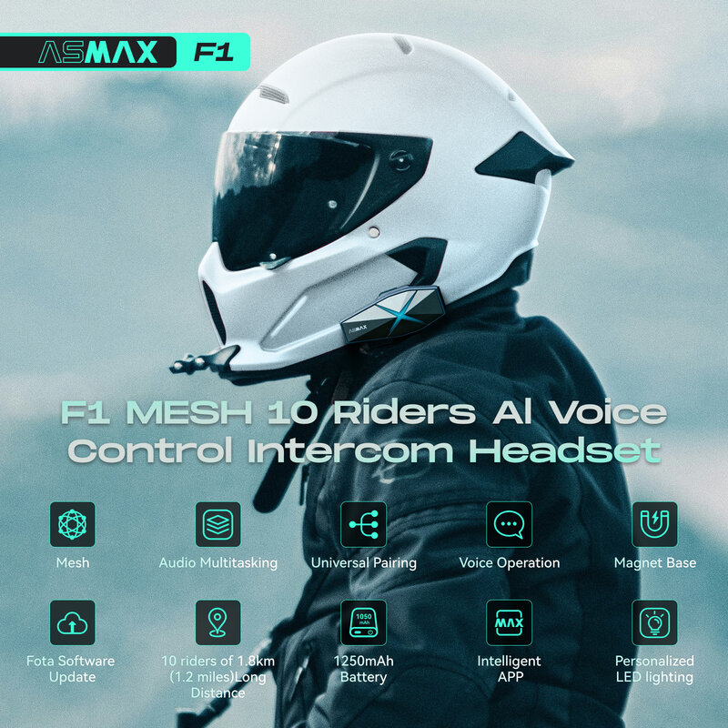 Intercomunicador para motociclos ASMAX F1, controlado por voz, suporta intercomunicador para 10 pessoas, distância de comunicação de 1800 m, BT 5.3/emparelhamento universal/cancelamento de ruído/ IP67 à prova de água