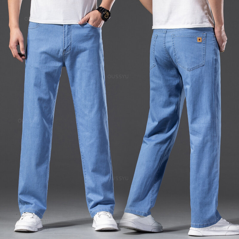 Джинсы мужские стрейчевые, классические брюки из хлопка Lyocell, джинсовые брюки, размеры 40 42 44 46, синие, на лето