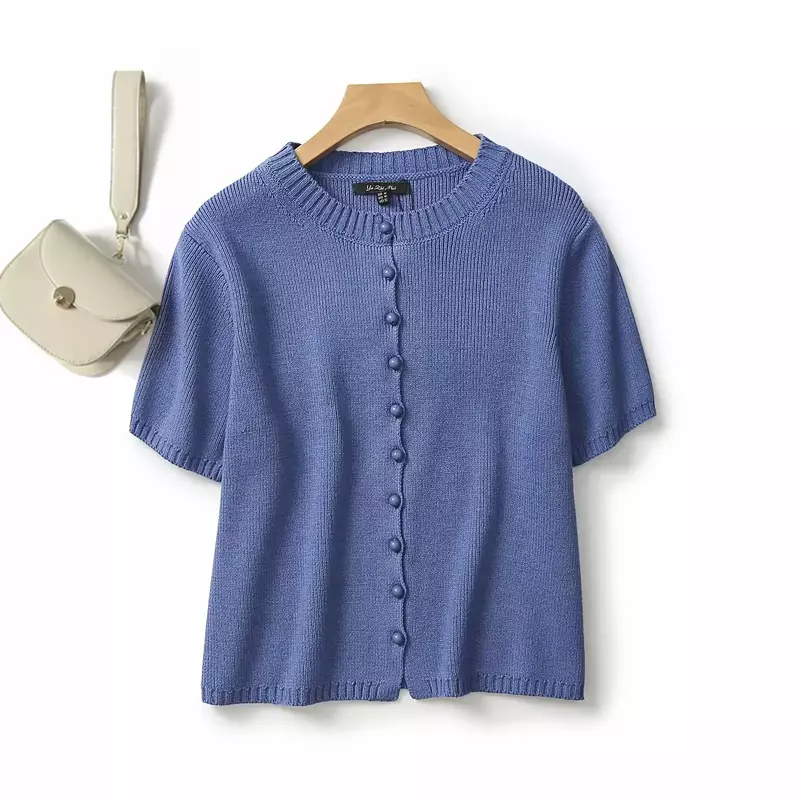 Requintado cardigã de malha de botões feminino, suéter de manga curta, blusa com decote em O, moda retrô, chique, 2022