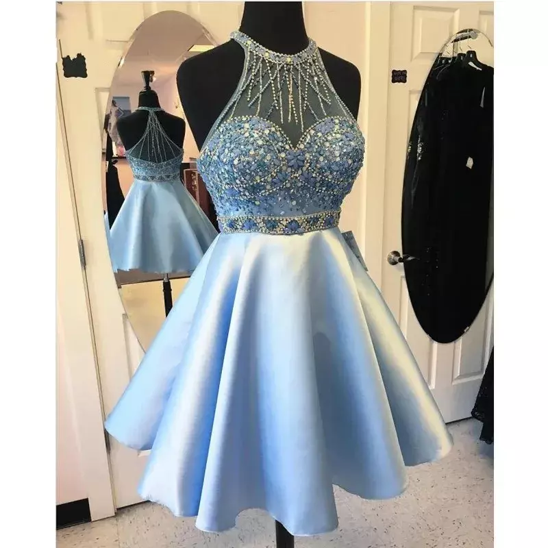 Fashion Light Blue High Neck Homecoming Dress Beading Crystal Cocktail Dresses with Sheer Back Satin Short Prom Gowns HOT