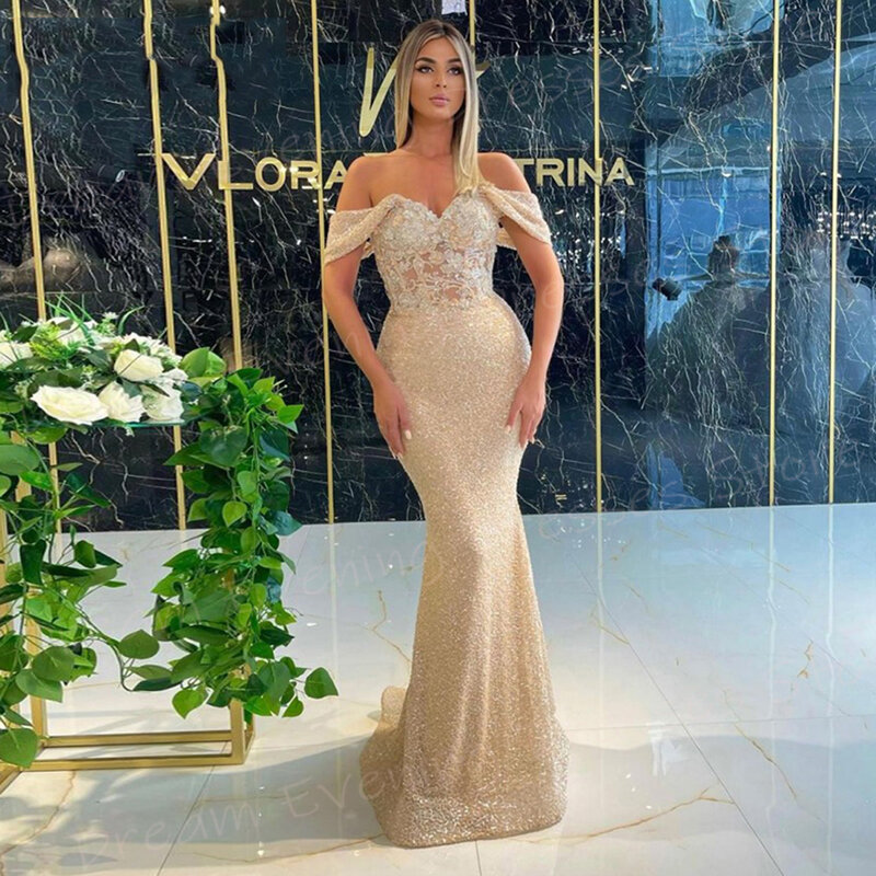 Eleganckie szampańskie damskie syrenka piękne suknie wieczorowe nowoczesne Off The Shoulder aplikacje suknie na bal maturalny cekinowa formalna impreza