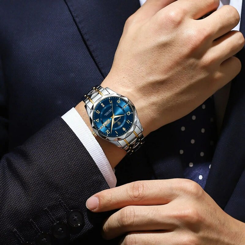 POEDAGAR 남성용 럭셔리 손목 시계, 방수 발광 날짜, 주 시계, 스테인레스 스틸 쿼츠, 남성용 시계