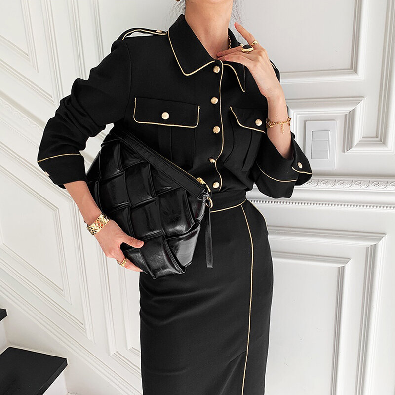 Women Fall Two Piece Sets Vintage French Style Long Sleeve Hit Color Stitching Shirt+high Wasit Package Hip Ol Black Skirt Suits