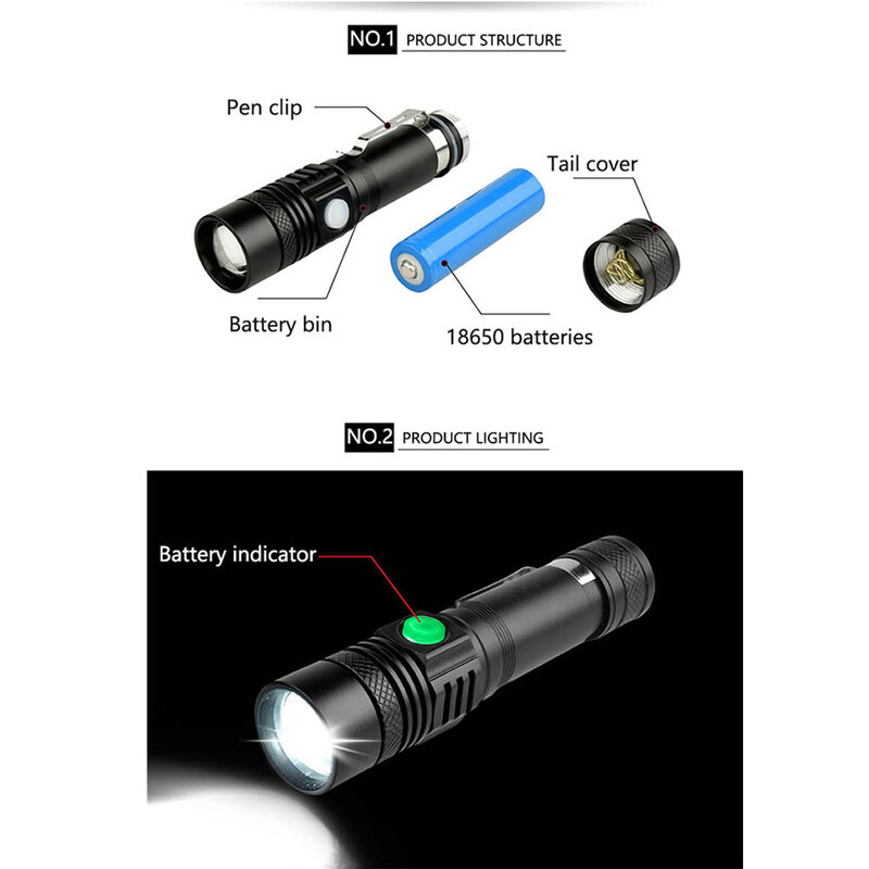 2000LM Mini LED Taschenlampe USB Aufladbare COB Taschenlampe Tragbare Beleuchtung wasserdichte Zoomable 18650 Penlight für Fahrrad