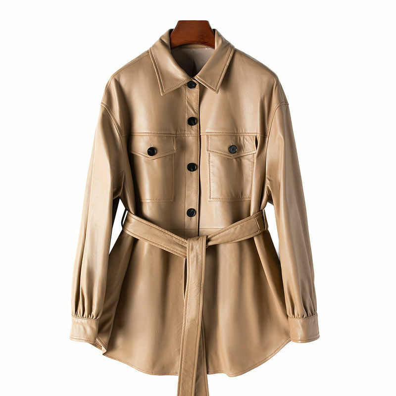 Cappotto con lacci in vera pelle di nuova moda 2023 cappotto da donna in pelle di pecora autunnale