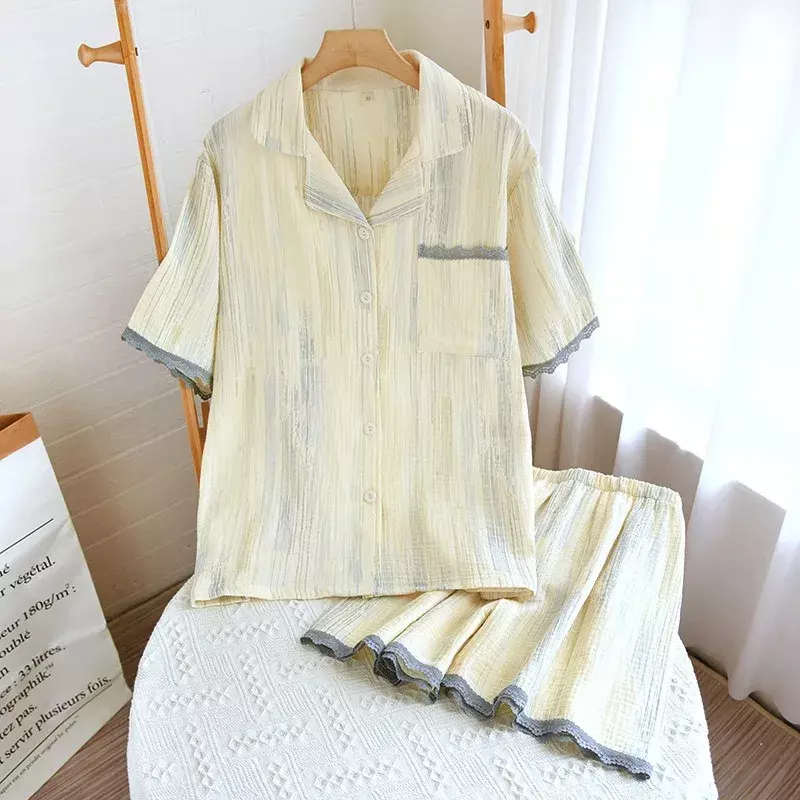 2023 New Pajamas Women's Summer Crepe Short Sleeve Korean Style Shorts Short Sleeve Fresh Thin Home Suit Two Piece Set Sleepwear
