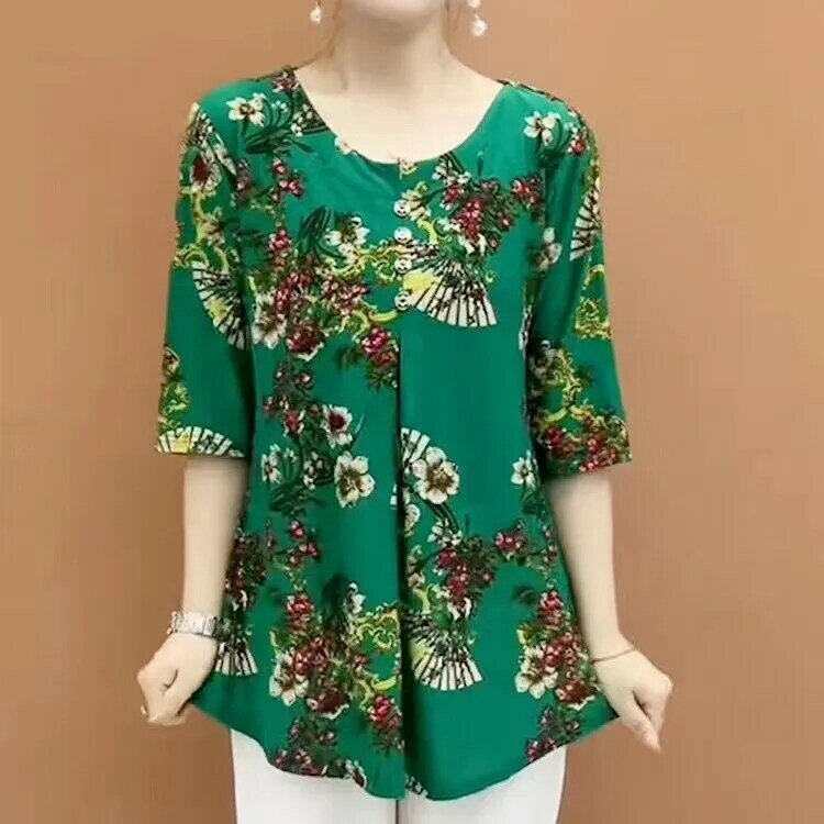 Blusa casual estampada vintage para mulheres, manga 3/4, gola redonda, botão, roupa feminina, elegante, camisa Midi solta, trajeto, primavera, verão