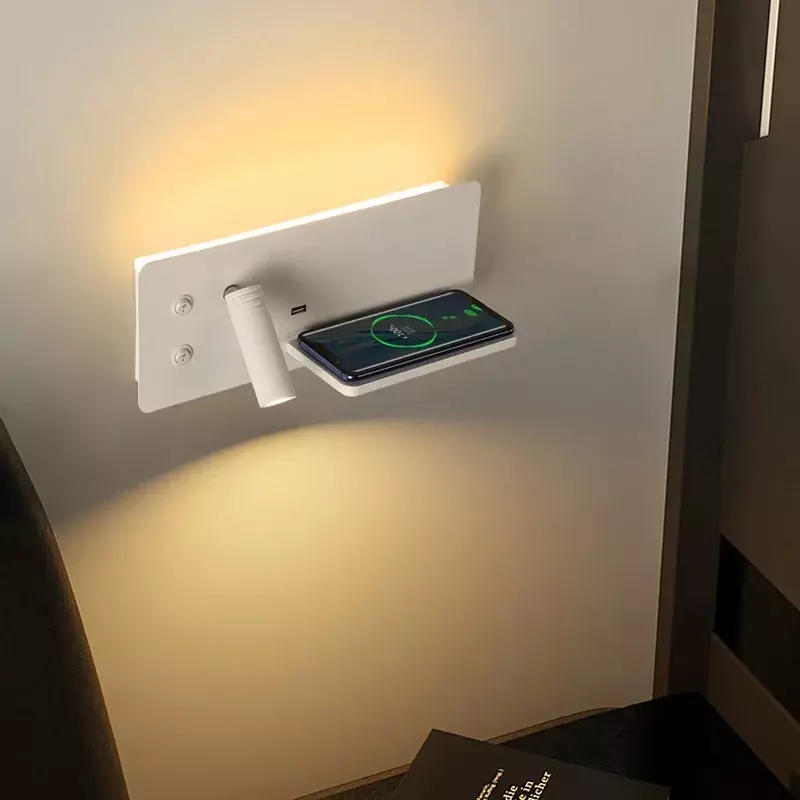 مصباح شمعدان جداري LED للشحن اللاسلكي ، إضاءة قراءة تدوير ، مصباح شحن USB ، مصابيح موضعية لغرفة النوم ، بجانب السرير ، الفندق