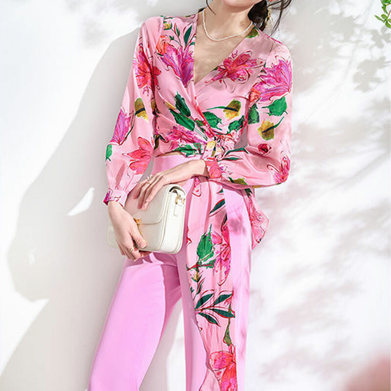 Vintage musim semi musim panas kemeja Floral pakaian wanita bergaya ramping perban elegan V-Neck lipat blus lengan panjang cetak Rakyat