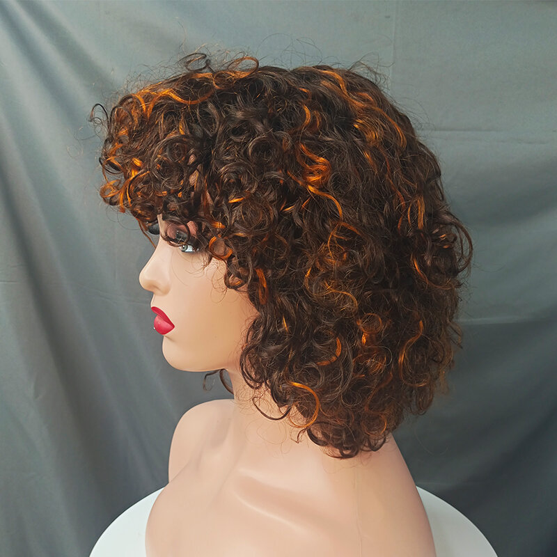 Ginger Highlight Water Wave Brown Wig Machine Made Short Water Wave Wig With Bangs Brazilian Highlight Human Hair Wig