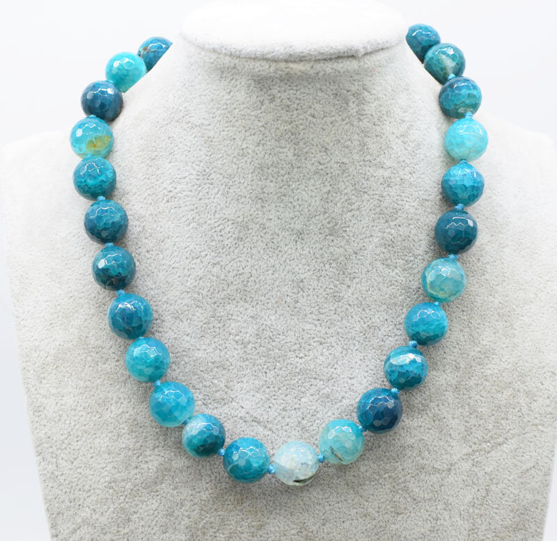 Collier rond en agate bleue, perles naturelles, vente en gros, 12mm, 18 po