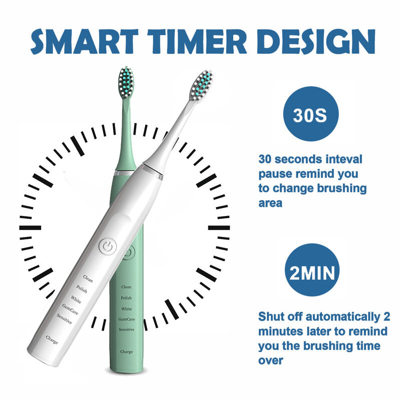 Cepillo de dientes eléctrico sónico para adultos, cabezal reemplazable con temporizador, recargable por USB, resistente al agua IPX7, 5 modos