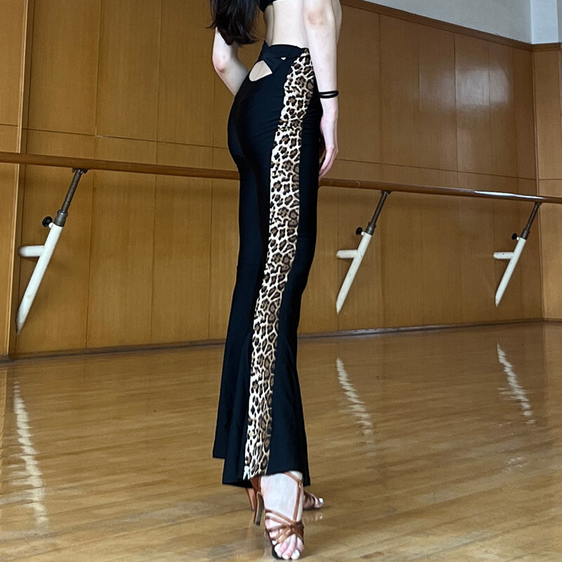Pantaloni da ballo latino leopardo nero donna Sexy ritaglio vita Cha Cha Rumba abbigliamento da ballo per sala da ballo pantaloni latini DNV20237
