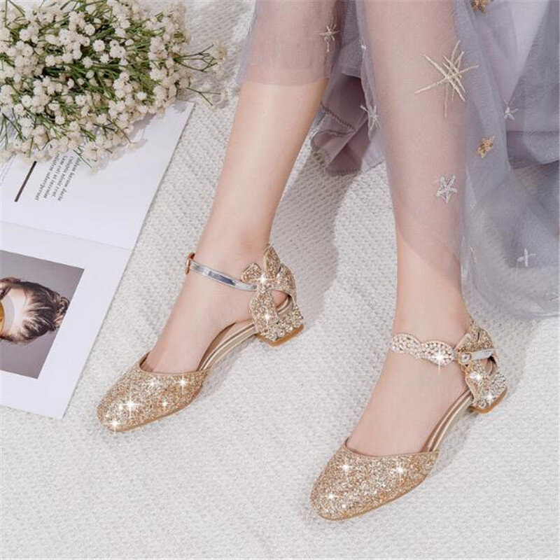 Classic Girls Leather Shoes For Girls Glitter Party Dance Children Kids Shoes 7-14 Years Princess High Heels Child Wedding Shoes