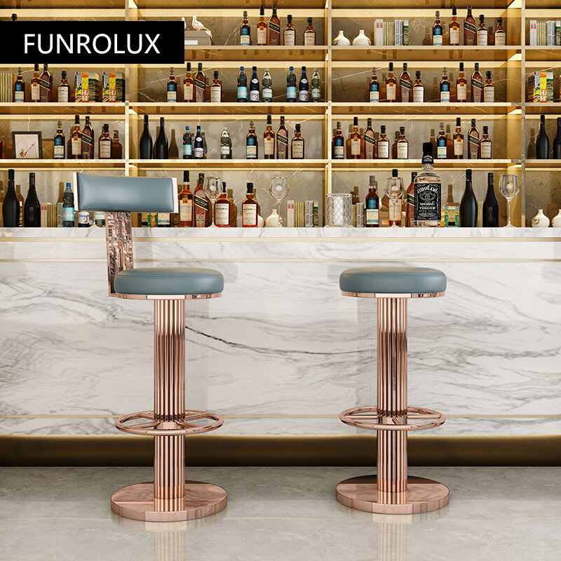 Meja Bar Tinggi dengan Punggung, Kursi Putar Modern Yang Dapat Disesuaikan dengan Kaki Baja Tahan Karat Mawar Yang Dipoles untuk Meja Dapur