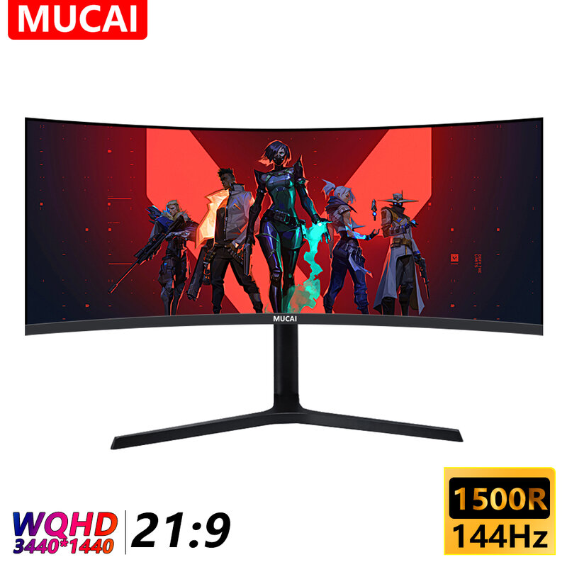 Musai Monitor komputer Gamer 34 inci, 144Hz MVA WQHD Desktop Display lebar 21:9 LED 1500R melengkung DP/3440*1440
