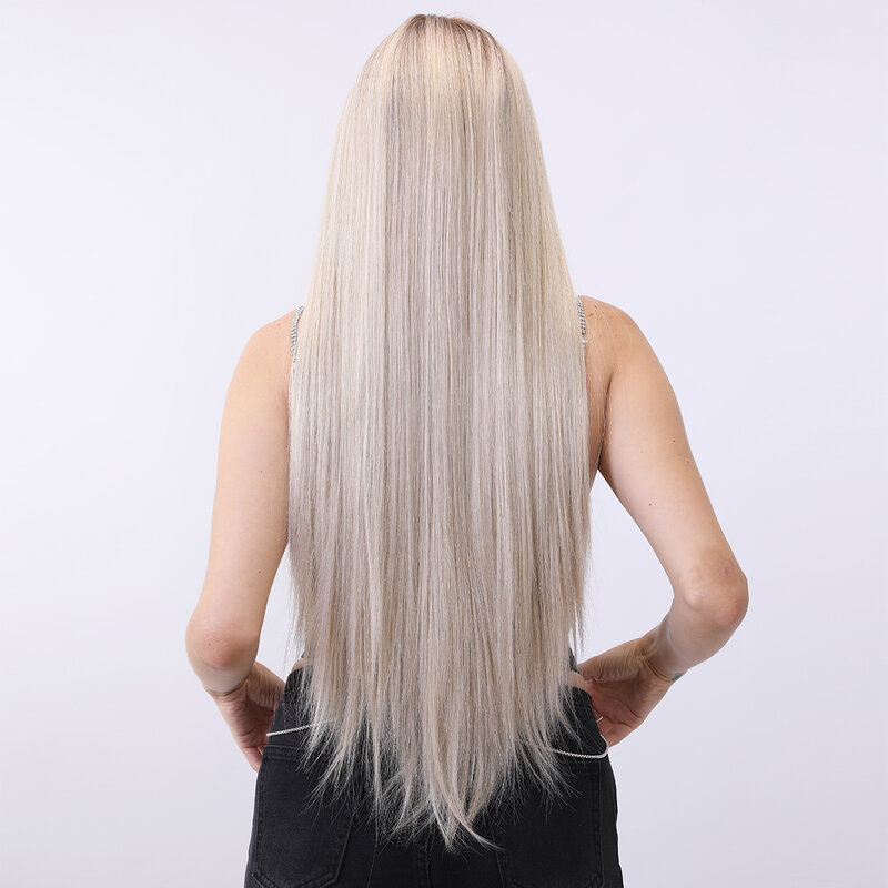 Smilco-Perruque synthétique droite blonde ombrée, perruque avant en dentelle invisible, perruque pré-plumée T-Part, degré de chaleur, 32 amaran, 13x5