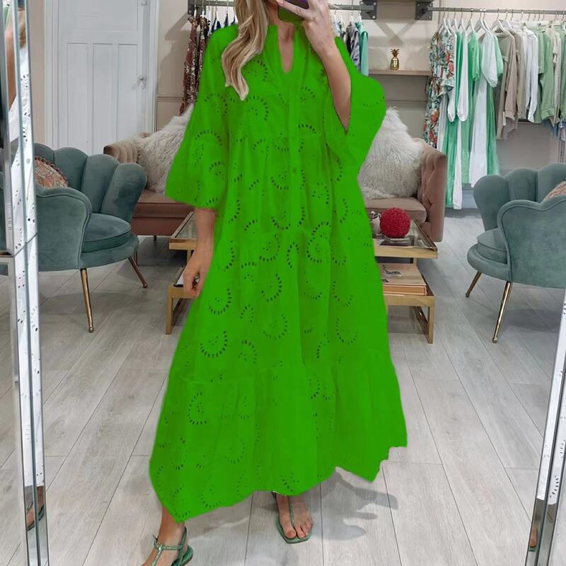 Dresses for Dresses Spring Summer Shirt Dress 2023 White dresses V-Neck Flared Sleeves Lace Hollow Solid Color Sexy Long Dresses