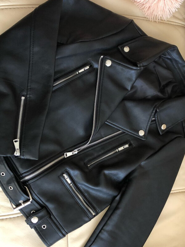 Ailegogo nova mulher primavera outono preto falso jaquetas de couro com zíper casaco básico turn-down colarinho motociclista jaqueta com cinto