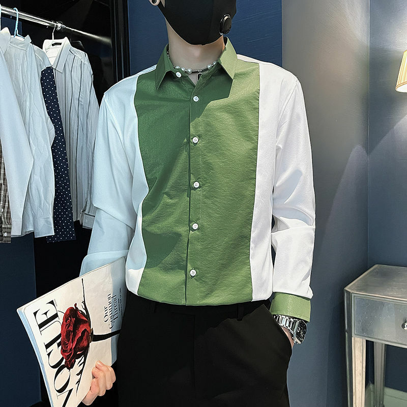 Рубашка мужская с отложным воротником, модная универсальная Свободная кофта с длинными рукавами, на пуговицах, в стиле High Street, контрастных цветов, весна-осень
