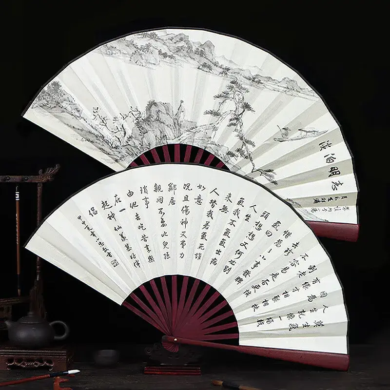 Ventilador plegable antiguo blanco grande personalizado chino, Ventilador plegable de papel de bambú portátil, artículos de decoración del hogar de lujo