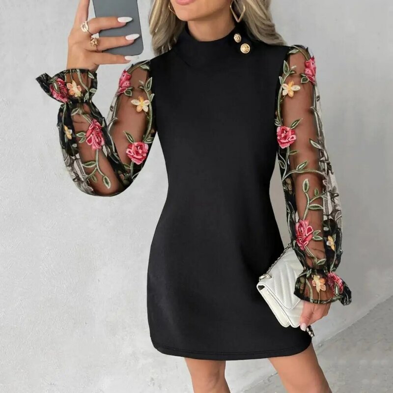 Women's Round Neck Dress Flower Embroidery Mesh Sheath Dress with Tight Waist Long Sleeve Fall Spring