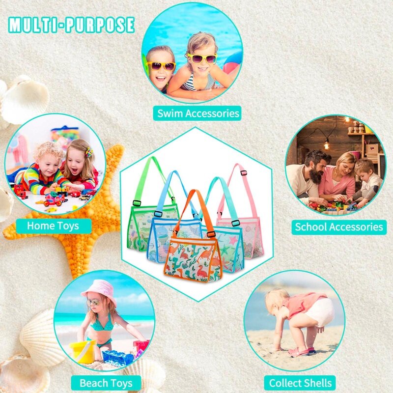 Bolsa de playa de malla de juguete para niños, bolsas de recolección de conchas de playa al aire libre, Totes de juguete de arena, bolsa de recolección de conchas marinas expandible