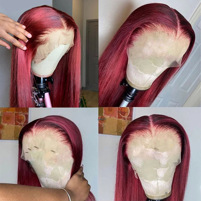 Perruque Lace Front Wig naturelle lisse rouge bordeaux 99J, 13x6, 13x4, pre-plucked, pour femmes