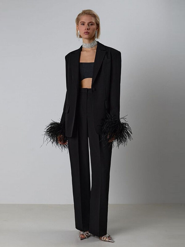 Sexy Feathers Blazer PantSuit Women Black Rose Red Feather Long Sleeve Blazer Jacket+Hihg Waist Pants Two Piece Sets Party Suits