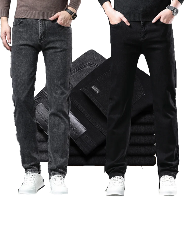 New Business Fashion Men's Jeans Casual Straight Stretch Trousers Elastic Zipper Leisure Denim Classic Grey Black Man Pants