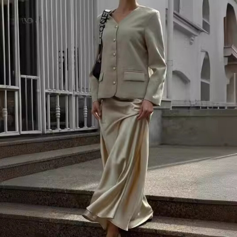 Женская атласная юбка с высокой талией, элегантная Однотонная юбка-годе, весна-лето 2024