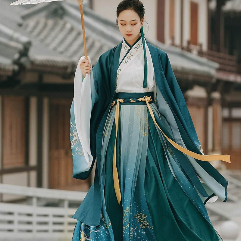 Женская одежда Hanfu с вышивкой зеленого лося, традиционный комплект ханьфу, китайское платье, карнавальный костюм