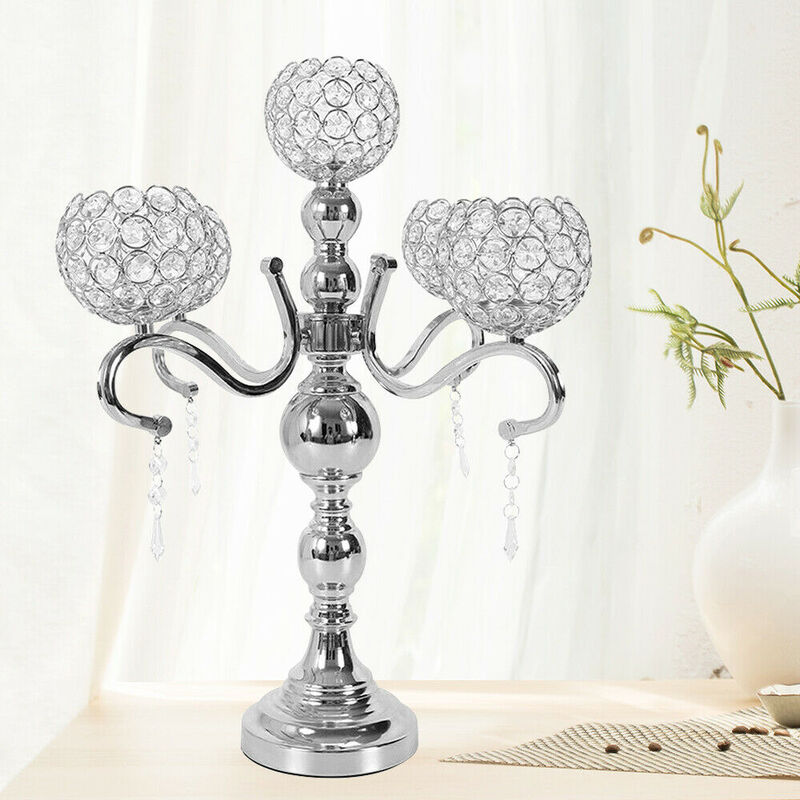 Candelabro de cristal plateado elegante de 5 brazos, decoración de centros de mesa de boda, candelabros de cristal modernos de 55x45x16cm