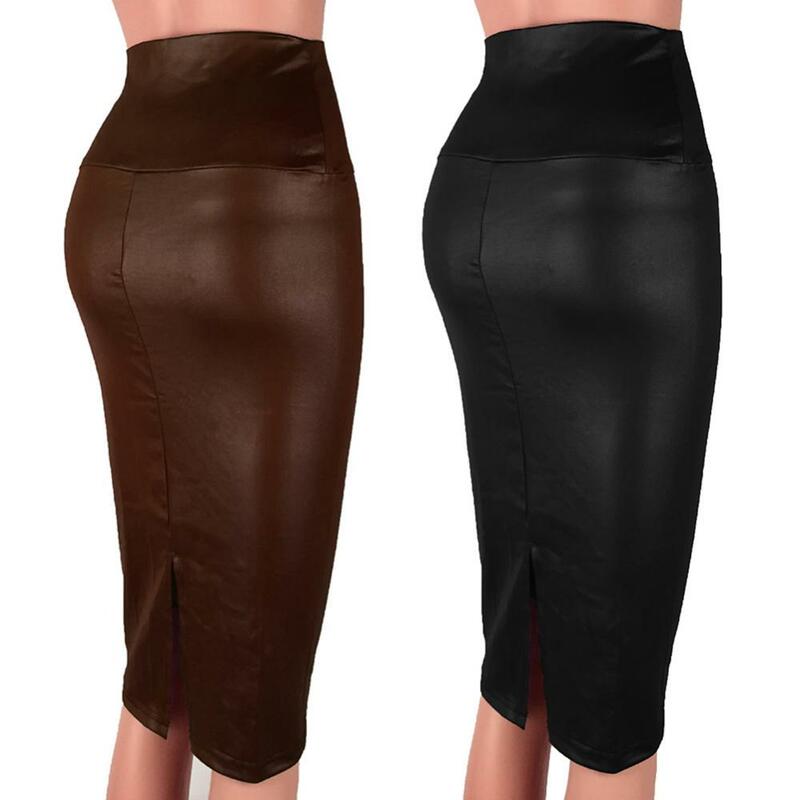 Fashion Elegant High Waist Split Faux Leather Skirt Women Knee Length Bodycon Pencil Skirt