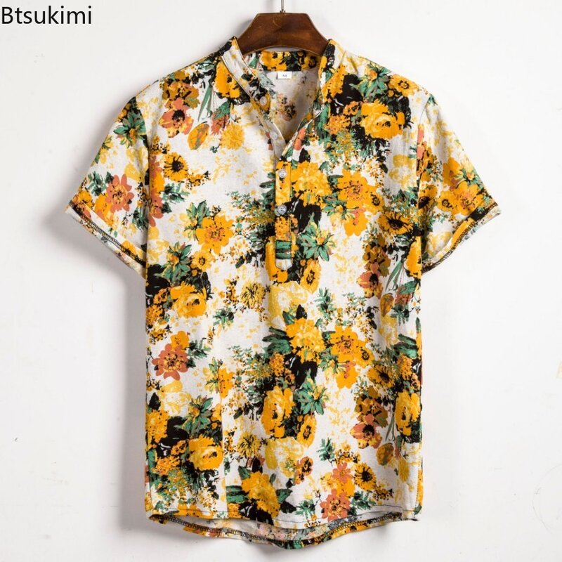 Kemeja motif bunga Hawai pria, pakaian jalanan kaus kasual Vintage Lengan Pendek, blus liburan pantai