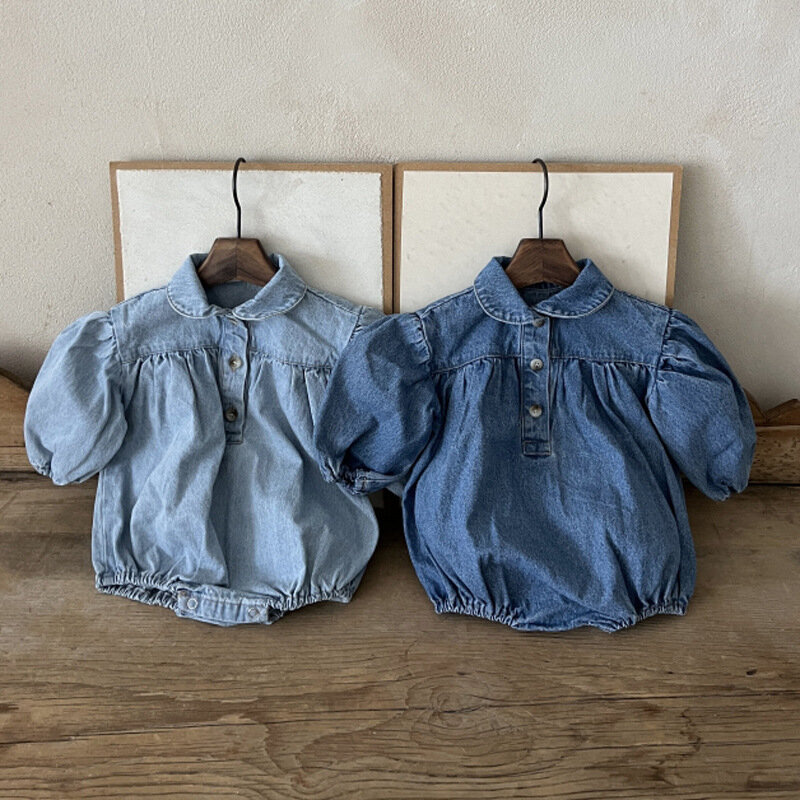 Baby clothes 0-2 year old solid color denim girl Romper stylish cute lapel bubble sleeve denim triangle boy's jumpsuit