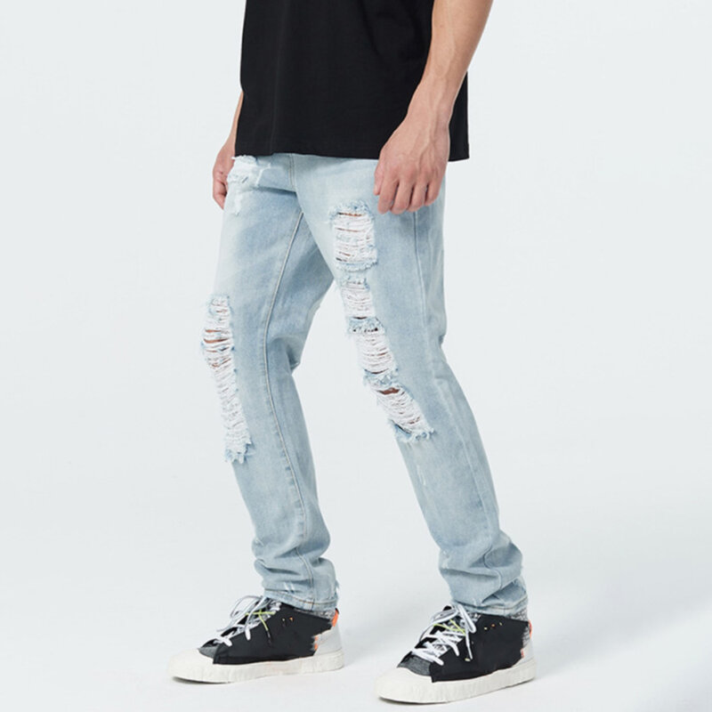 Celana Jeans Longgar Kasual Pria High Street Celana Denim Hip Hop Pria Gaya Korea Streetwear Lubang Lurus Harajuku