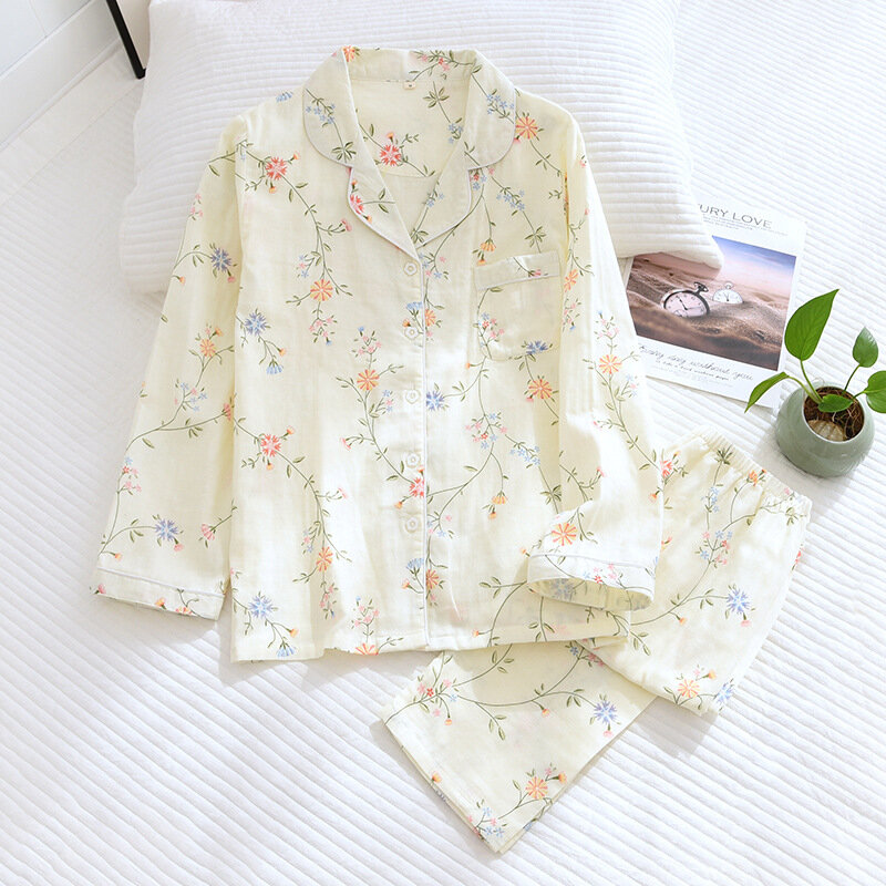Conjunto de pijamas de gasa de flores para mujer, ropa de casa fina de crepé, conjuntos de pantalones de manga larga, moda coreana, primavera y verano