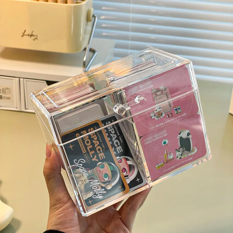 Kotak penyimpanan transparan akrilik Korea, kotak Flip kompartemen penata kartu foto Korea