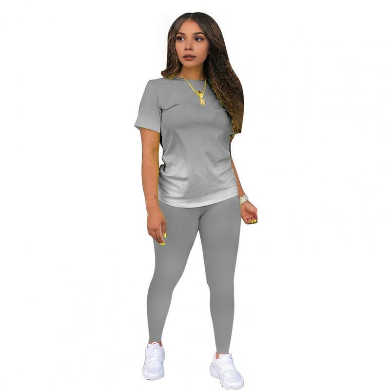 T-shirt de cor gradiente feminino e mangas curtas e o-pescoço Leggings conjunto, cor contraste