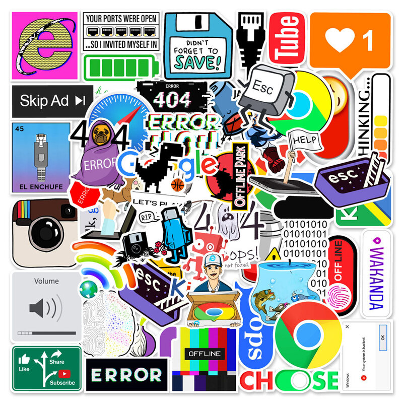 Desenhos animados programação decalques de computador, Erro Graffiti adesivos, DIY, Impermeável, Motocicleta, Carro, Computador, 404 Rede, 10 pcs, 30 pcs, 50pcs