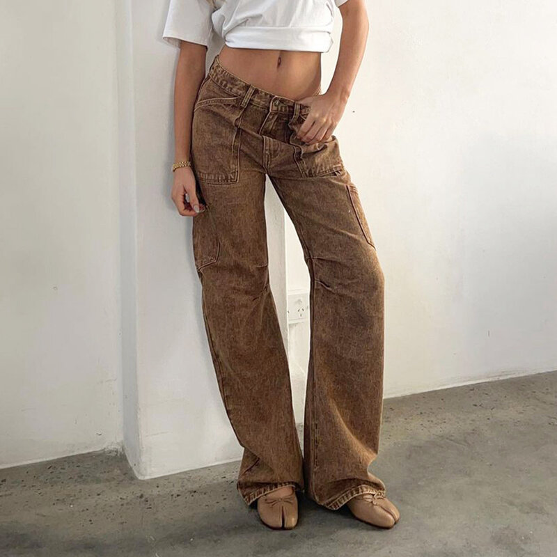 Damskie jesienne długie spodnie w jednolitym kolorze luźne spodnie dresowe proste spodnie z kieszeniami strój codzienny Streetwear