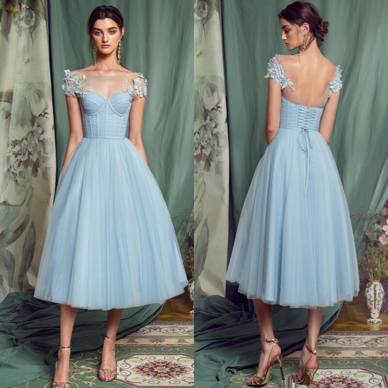 Tulle Flower Pleat Birthday A-line Off-the-shoulder Bespoke Occasion Gown Midi Dresses